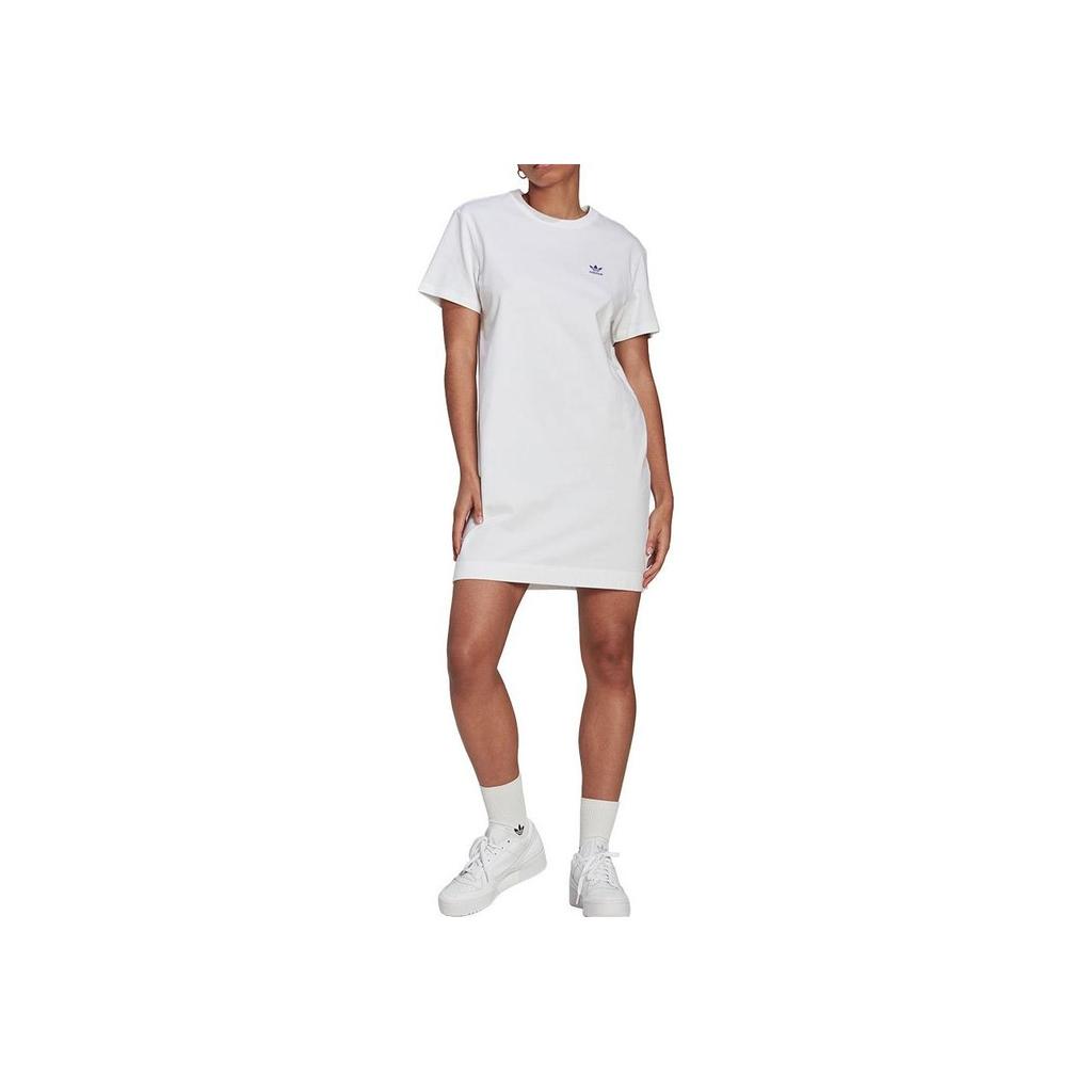 adidas Originals Solid Color Logo Print Round Neck Short Sleeve Dress Women Dress White HL6613