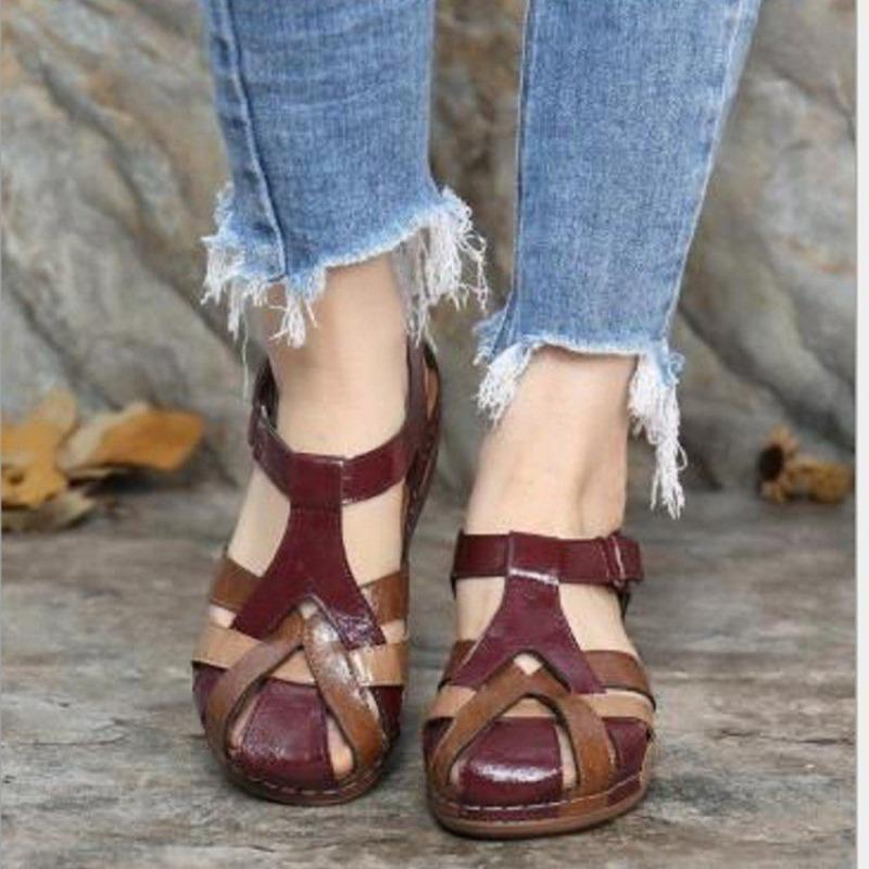 Summer new large size retro round head wedge heel women's shoes cross buckle women's sandals