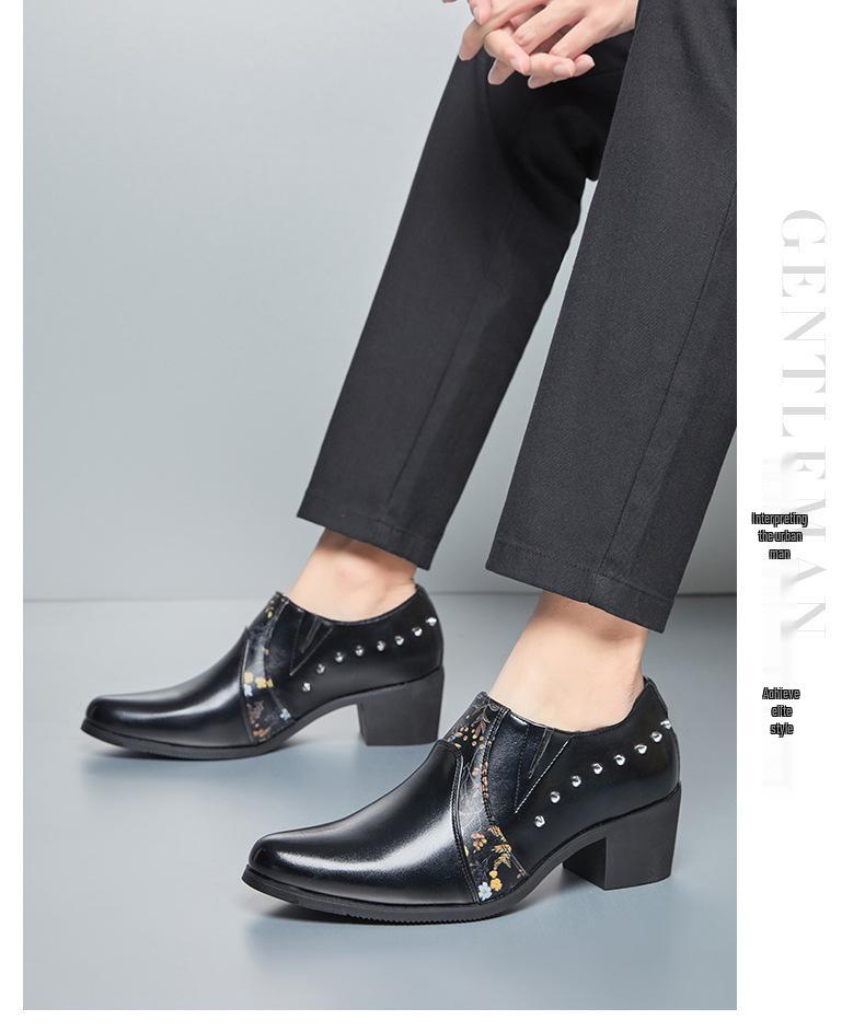 Men's Large Size Pointed Toe Leather High Heel Shoes - European American Fashion Rivet Cuban Style for Business and Casual Wear