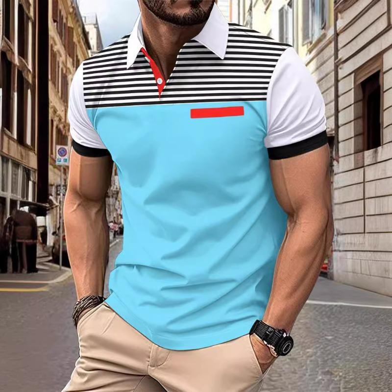 Men’s summer casual printed striped short-sleeved polo shirt with faux pockets and a lapel