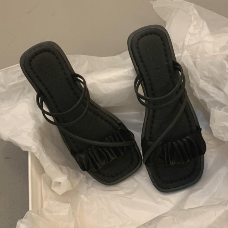 Fashion 2025 New Pleated Square Toe Heeled Slippers Women's Elegant Summer Sandals Designer Comfort Pumps Fairy Soft Sandalias De Mujer