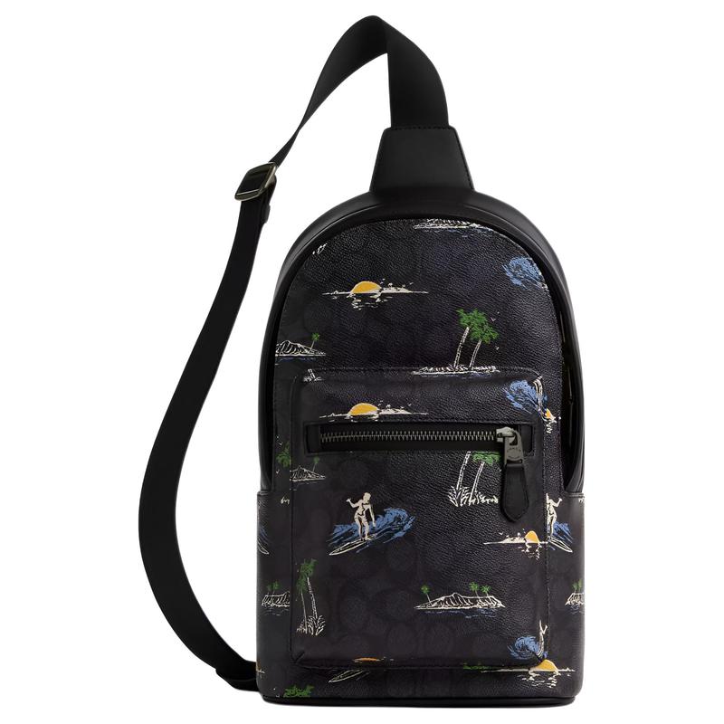

COACH Waist 19 Surf Print Branded Signature Coated Canvas and Smooth Calfskin Belt Bag Small Unisex Couple Black чёрный