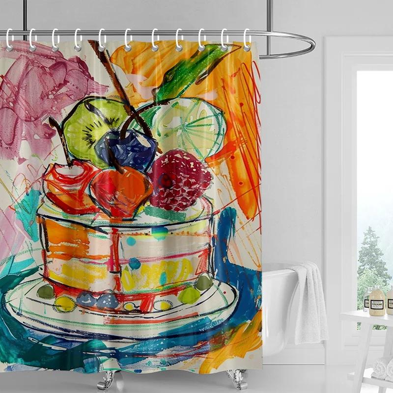Abstraktní Umění Vína Sprchový Závěs Barevná Geometrická Koupelnová Dekorace s Ovocnými Motivmi, Vodotěsný Moderní Pop Art Design pro Domov