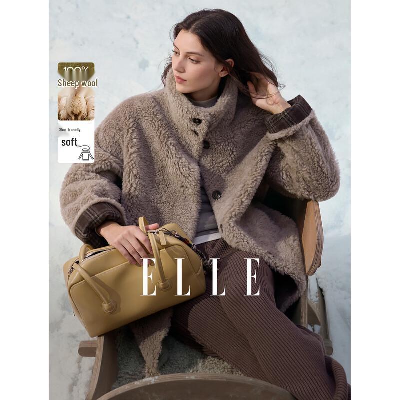 

ELLE Women s 100% Wool Plush Stand-up Collar Winter Coat S