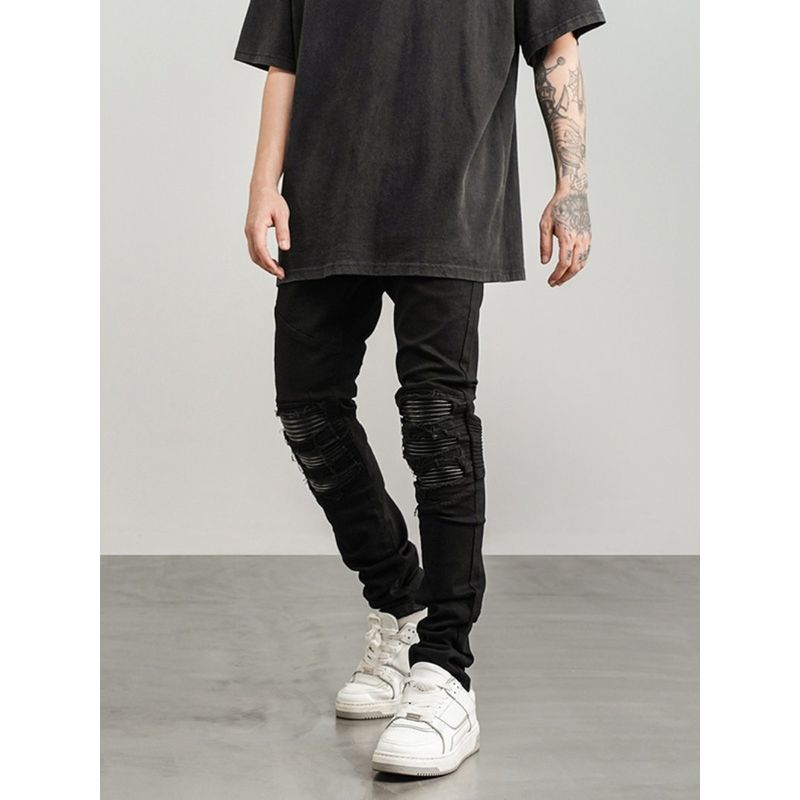 European and American High Street Style Biker Pu Leather Patch Stretch Skinny Jeans Hip-Hop Black Slimming Versatile Long Pants