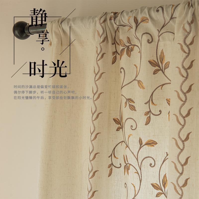 American Style Cotton Linen Fringe Embroidered Floral Semi Blackout Short Curtains for Living Room Bedroom Balcony Kitchen