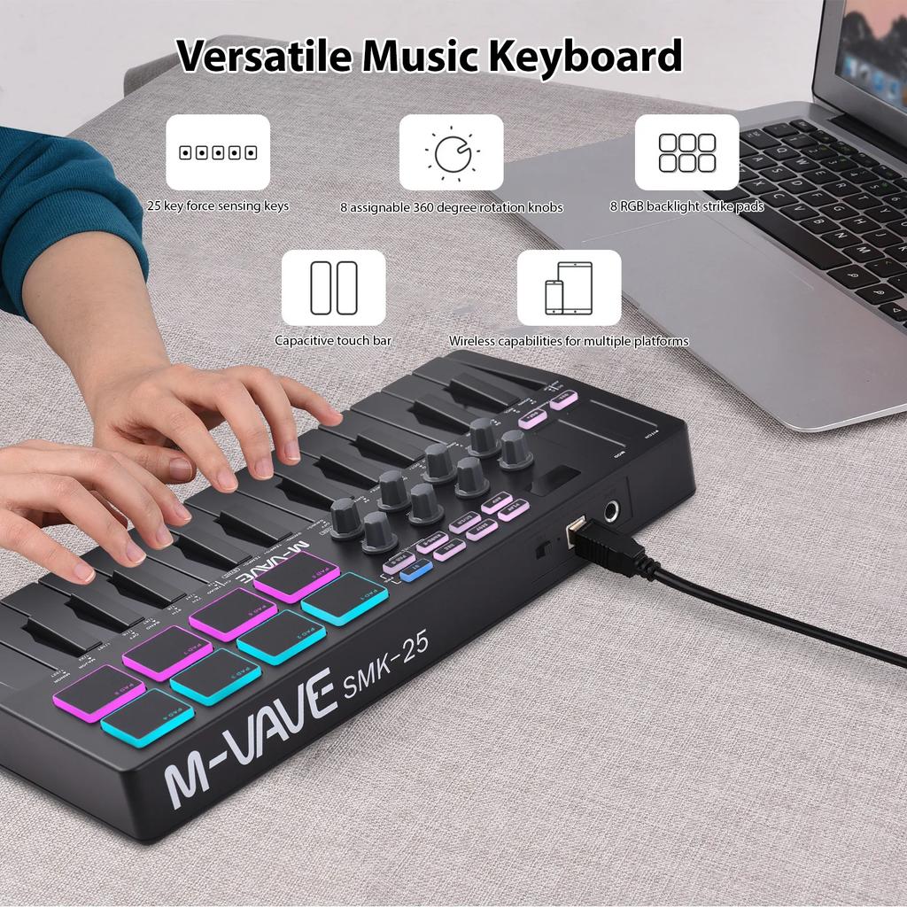Rechargeable 25 Keys MIDI Keyboard Arranging Strike Pad RGB MIDI Assignable Knobs MIDI Keyboard Controller Beat Maker Machine