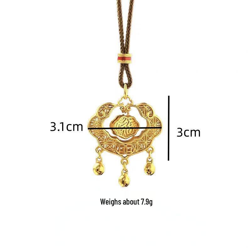 Gold Sand Filigree Ruyi Peace Lock Pendant Necklace - Women's Simulated Gold Accessory