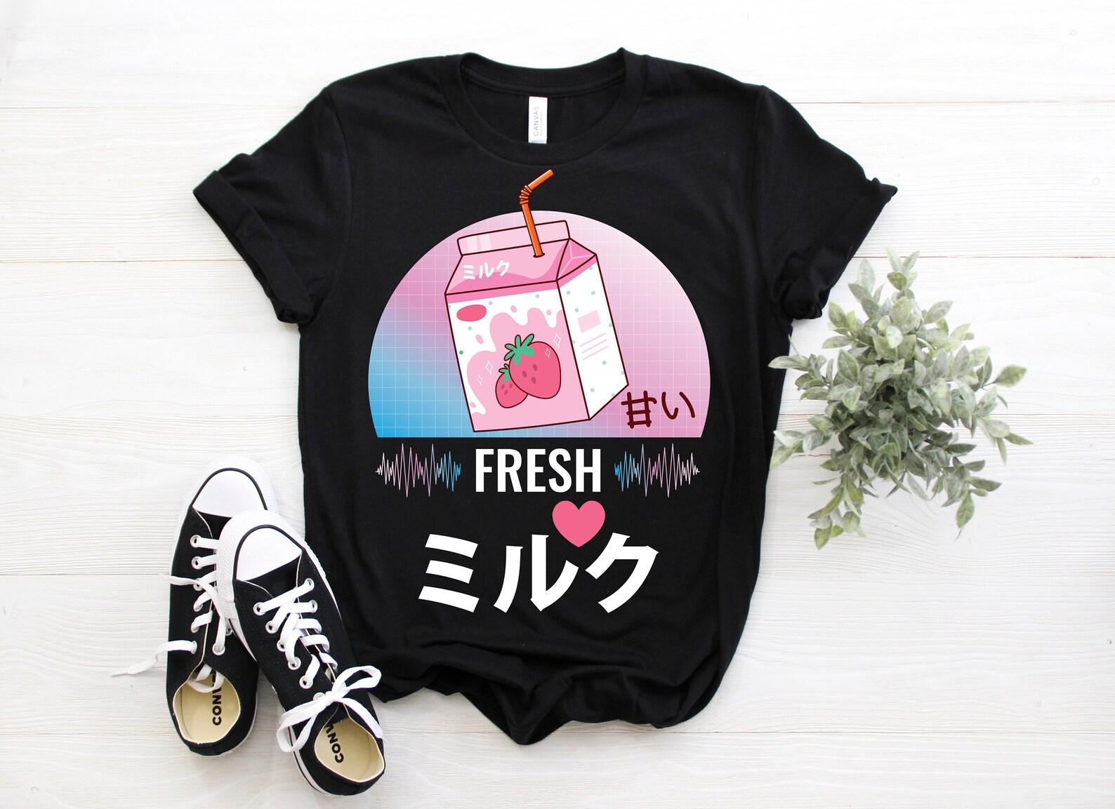 90s Japanese Text Aesthetic Strawberry Juice Box T-Shirt, Otaku Anime Manga Kawaii Costume, Japanese Style Culture Gifts, Japan Drink Fans, 110