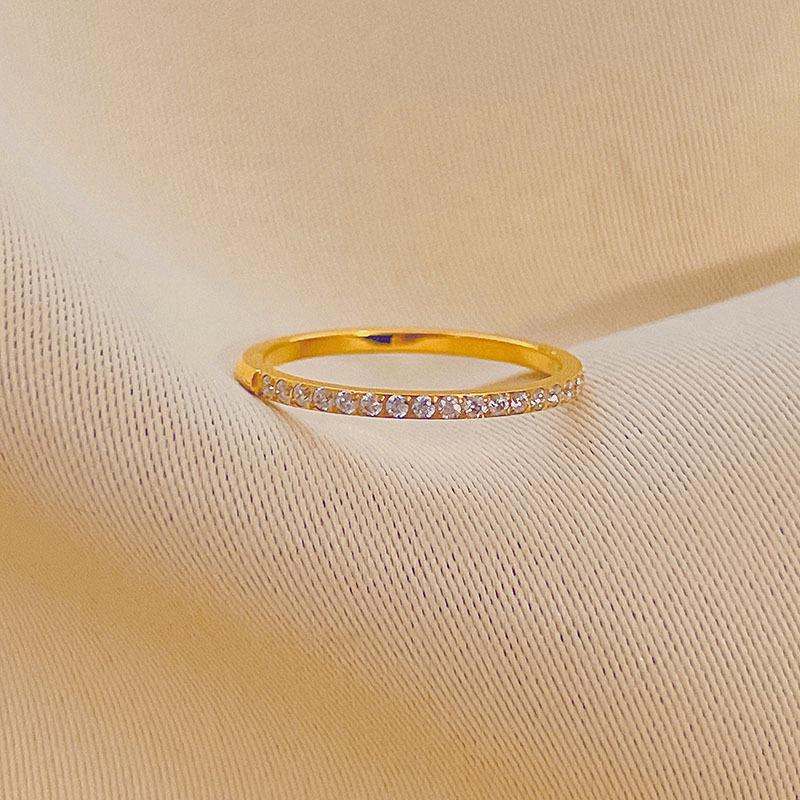 Elegant Thin Diamond-Set Titanium Steel Ring for Women - Trendy Luxury Design, Perfect for Index or Knuckle Wear