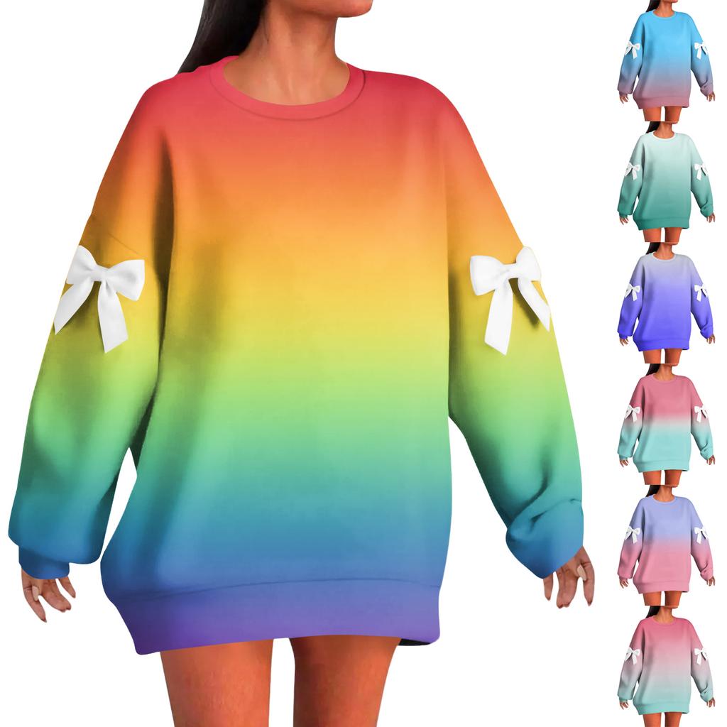 Women's Graduated Print Bow Round Neck Long Sleeve Loose Pullover Sweatshirt T-Shirt