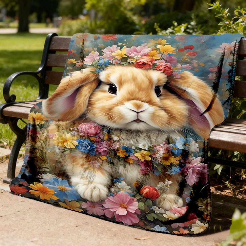 1pc Floral Bunny Ears Outdoor Flannel Blanket , Machine Washable Perfect Gift for Birthday , Holiday Travel Accessory , Durable Material