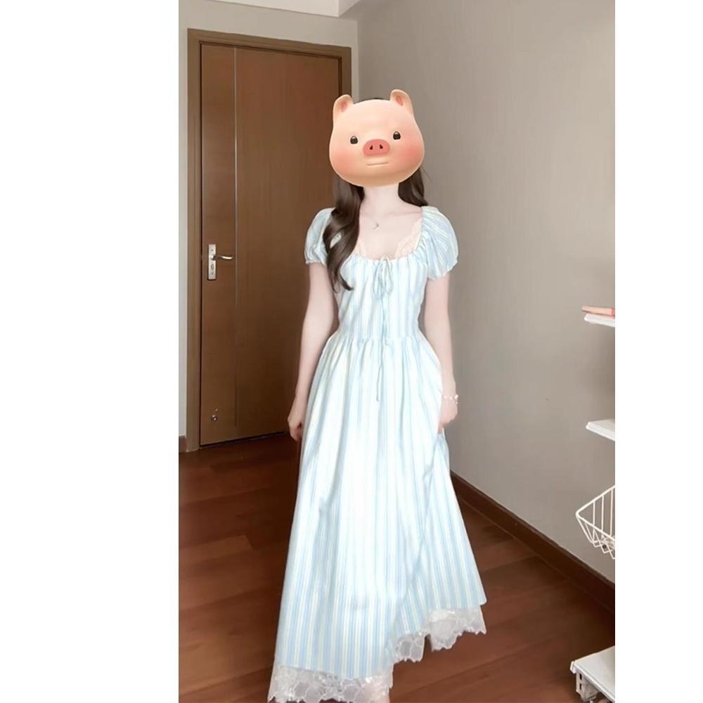 Square Neck Bubble Sleeve Striped Dress Women's Summer Sweet Casual Temperament Waist Dress