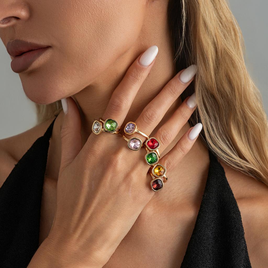 Colorful Unique Crystal Inlaid Open Ring, Trendy Designer Alloy Ring Set For Women