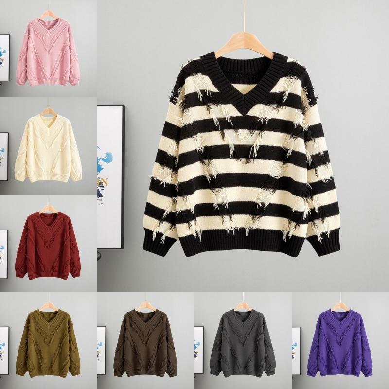 Loose Knitted V-neck Lazy Fringed Sweater Women's 2025 Autumn New Fashion Foreign Style Inner Top