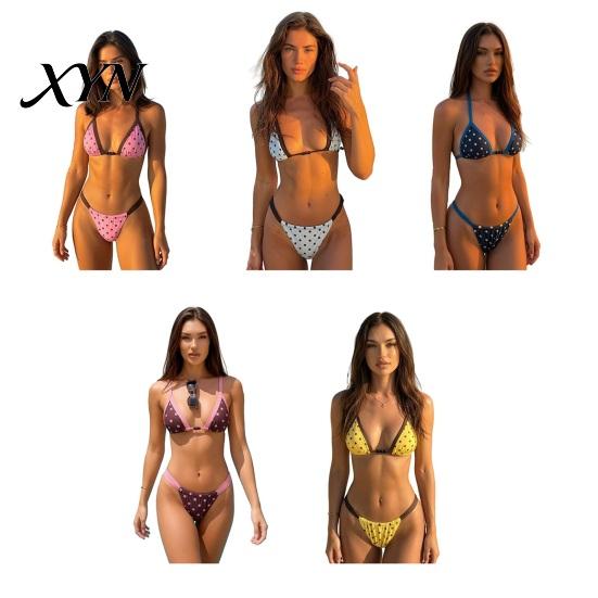 High Cut Bikini 2Pcs/Set Women Set, Halter Adjustable Straps Bra, Low Waist Summer Beachwear Briefs, Dot Print Bathing Suit for Beach Vacation