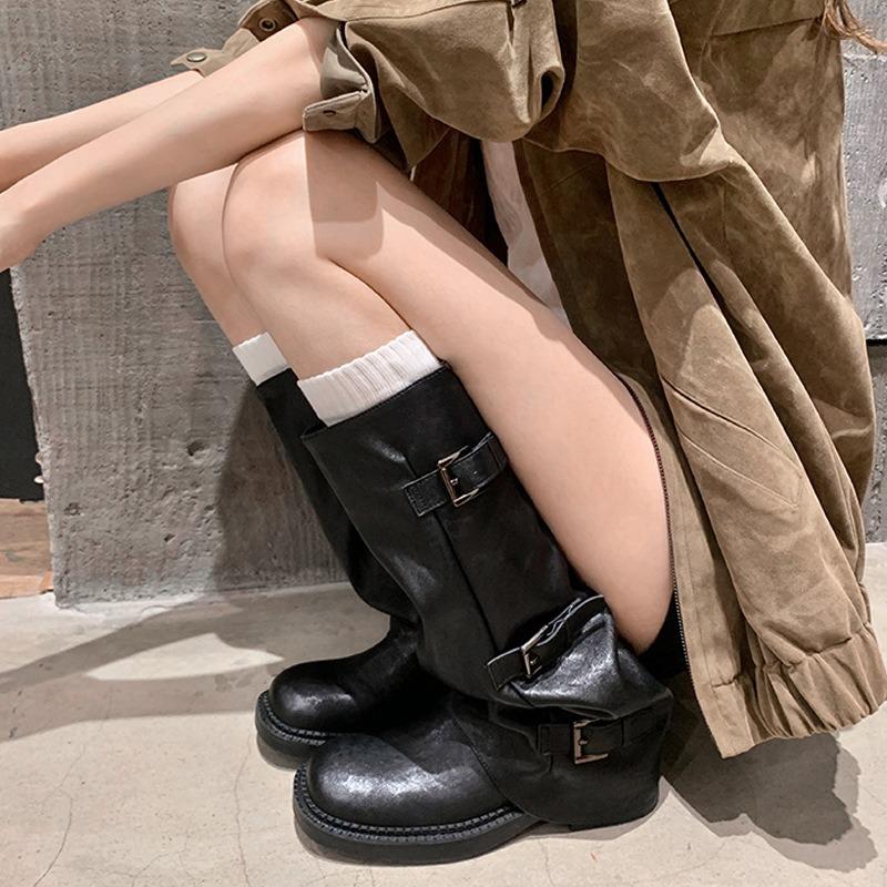 Height Increasing Buckle Mid Tube Western Knight Boots Women's Pile Boots