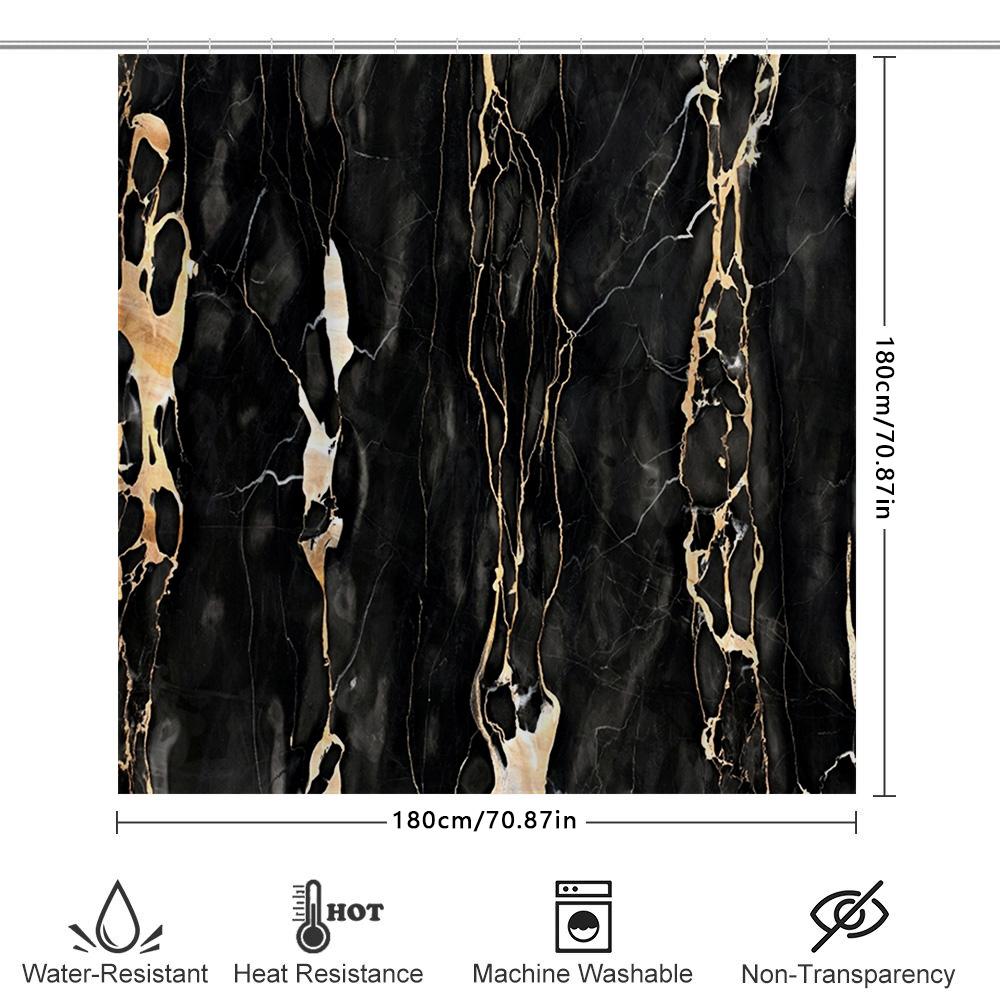 Black Marble Shower Curtain with Golden Veins Decorative Waterproof Bath Mat for Home Bathroom Size Customizable