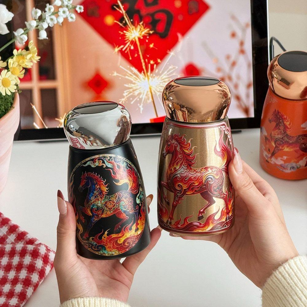 304 Stainless Steel Horse Year Insulated Cup 230ml Leak-Proof Coffee Mug Chinese Style Temperature Display Thermal Water Bottle