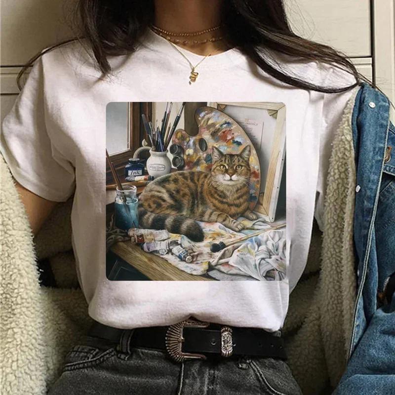T-shirts Women Cat Oil Painting Printed Funny Graphic Tee Shirt Summer Short Sleeve Casual White Tops Harajuku Clothing