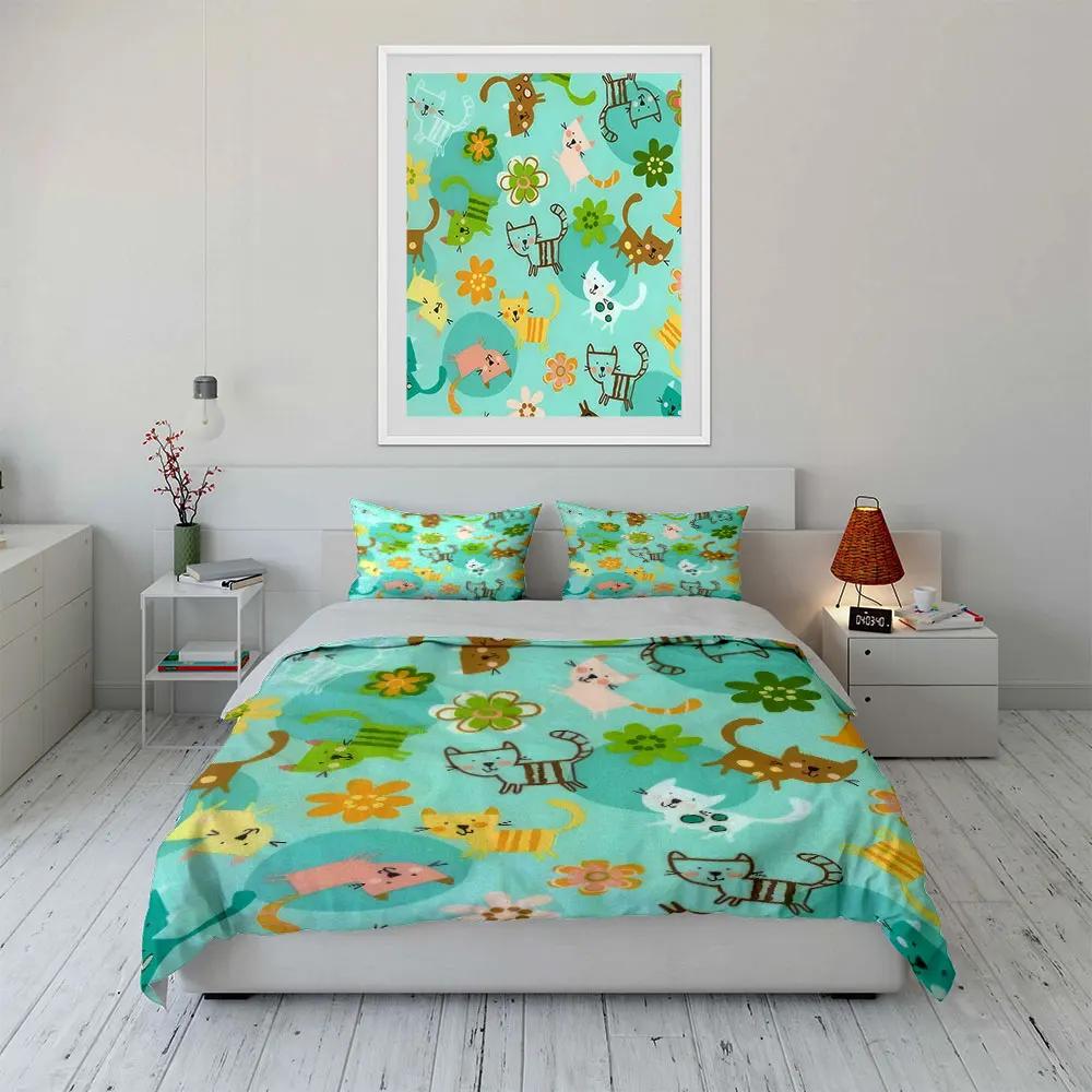 3Pcs Cute Cat Bedding Set Colorful Cartoon Cats and Flowers Print Duvet Cover + 2 Pillowcases Kids Nursery Decor