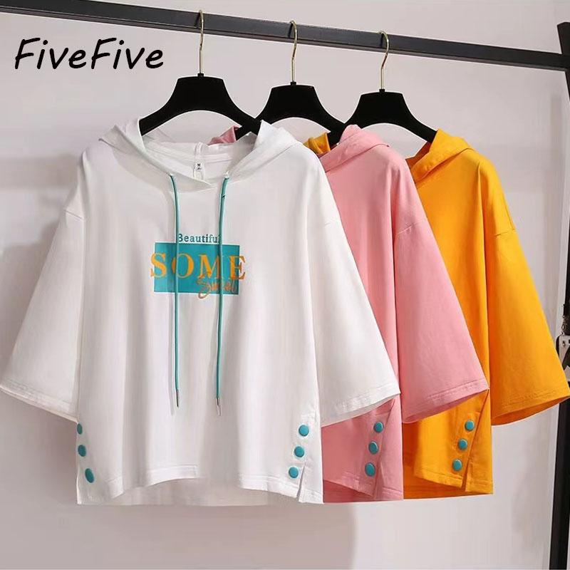

FiveFive Летняя женская свободная футболка с капюшоном и короткими рукавами Harajuku размера плюс