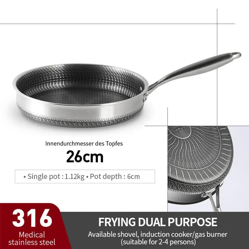 316/304 Stainless Steel Frying Pan High Quality Pan Fried Steak Non Stick Pan General Purpose Induction Cooker Honeycomb Wok