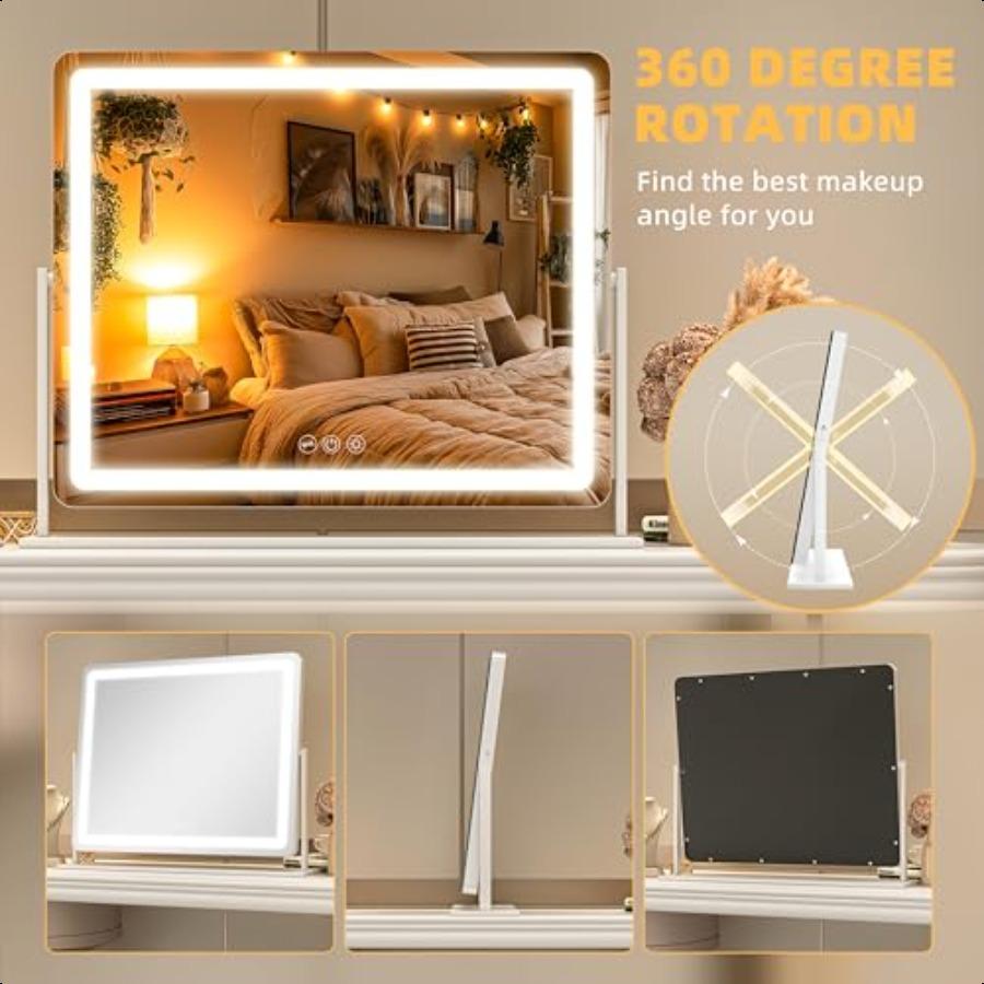 Vanity Mirror with Lights 23.6'' X 20'' Lighted Makeup Mirror Touch Screen with 3Color Lighting Dimmable for Vanity Desk Tablet