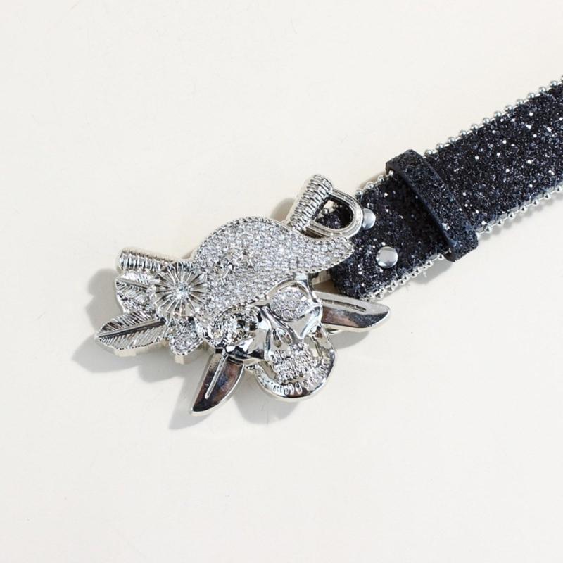 Sparkly Beaded Waist Belt Rhinestones Skull Buckle for Hot Girl Glitter Trendy Underbust Waist Chain Belt Disco Party
