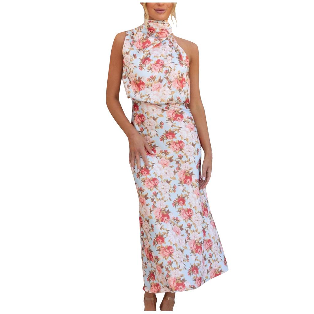 Abito estivo lungo formale in raso da donna, collo a lupetto, senza maniche, abiti da canotta