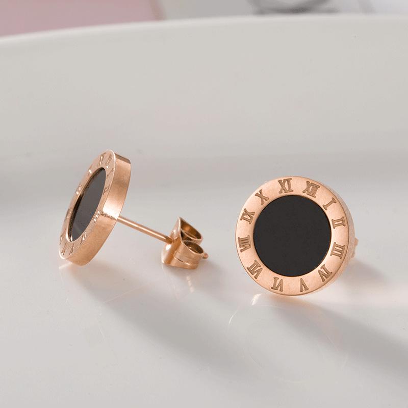 European & American Creative Titanium Steel Roman Numeral Black Round Earrings, Chic Women's Rose Gold Studs.
