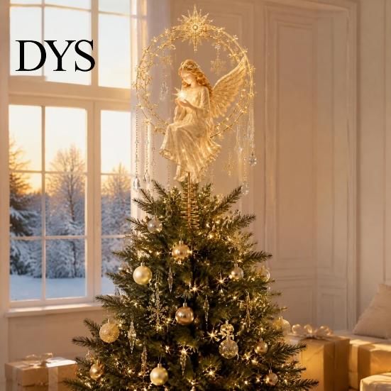 Christmas Tree Finial Angel Topper, Acrylic Winged Treetop Ornament with Lightweight Spring Base for Xmas Tree, Holiday Home Party Decor Reusable