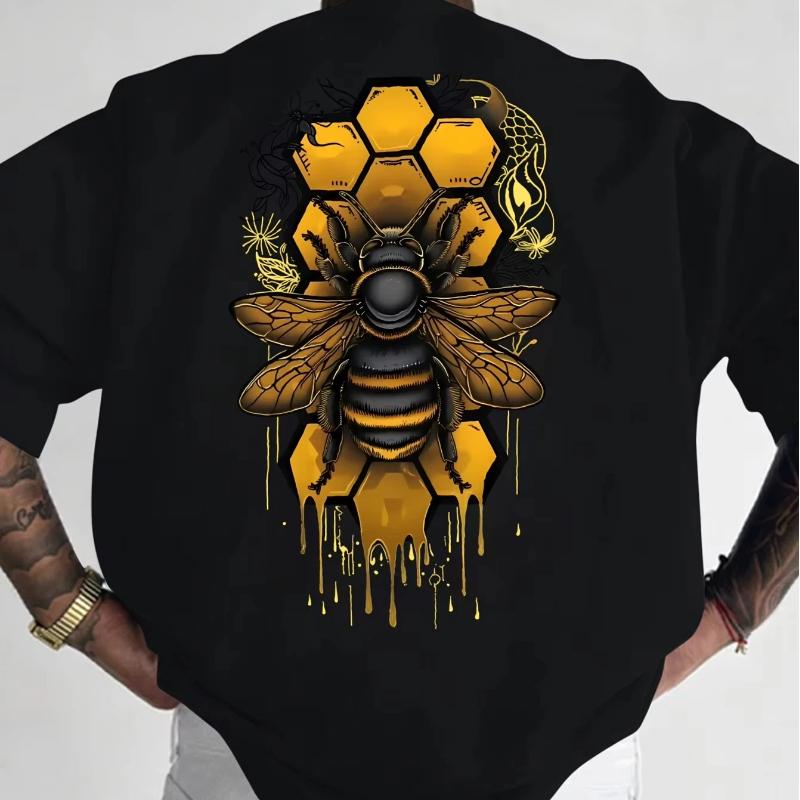Men's pure cotton fashionable casual loose sports bee pattern printed round neck short sleeved T-shirt top