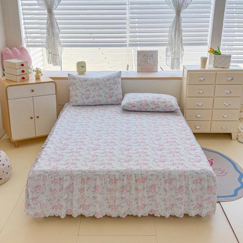 Sleeping Grid A-class Cloud Feeling Cotton Wrinkled Yarn Double-layer Yarn Bed Skirt