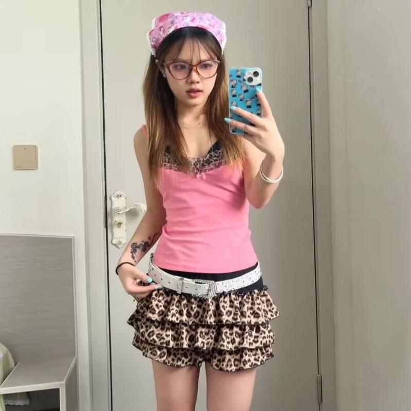 Vintage Leopard Print Stitched Crop Top Women Casual Sleeveless Cute Bow Patchwork Strap Tees Y2k Summer Crop Tops Ladies