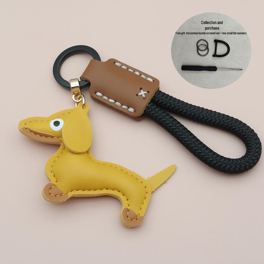 Mini Dachshund Cowhide Keychain: High-Quality Anti-Lost Lanyard with Cute Doll Pendant
