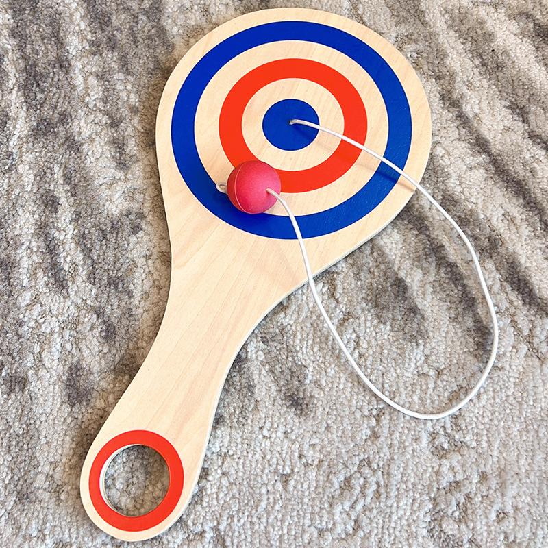 

Wooden Children s Hand-Eye Coordination Elastic Skills Ball Racket, Sensory Integration Training Throwing and Catching Traditional Interactive Toys