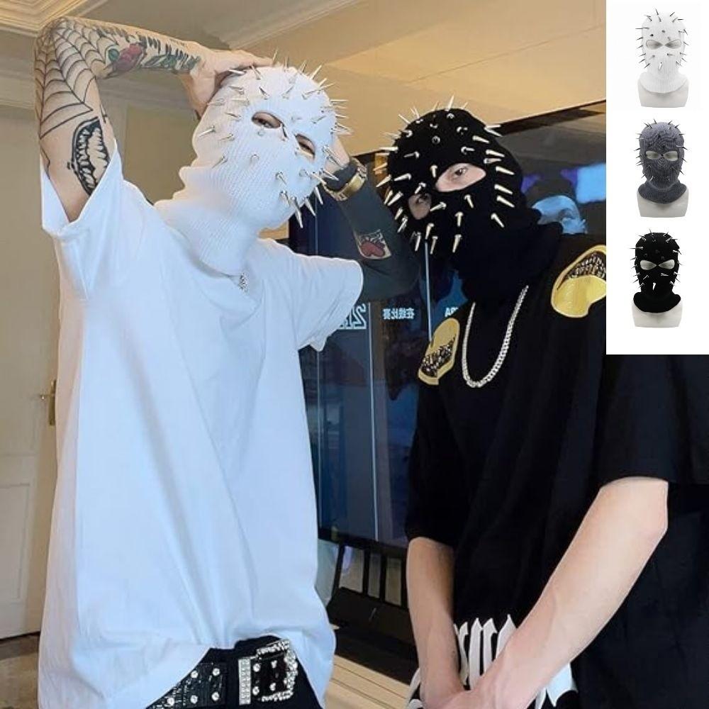 Spiked Knitted Rivet Hat Lightweight Pullover Knitted Hat Punk Style Full Face Mask Outdoor