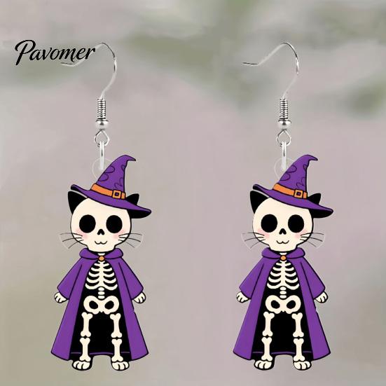 Hypoallergenic Silver Hooks 1 Pair Halloween Skeleton Cat Drop Dangle Earrings for Women, Cute Acrylic Witch Hat Skull Hoop Earring, Theme Jewelry