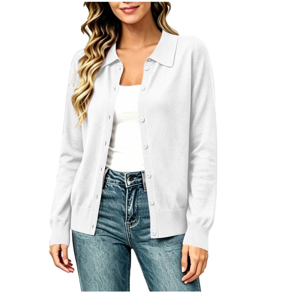 Women Lightweight Button Front Cardigan Sweater Long Sleeve Collared Knit Top Casual Layering Shirt Suitable for Various Outfits