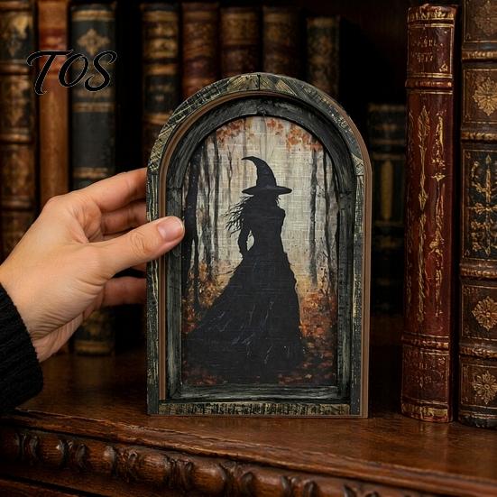 Solid Wood Picture Frame Halloween Vintage Arch Wooden Sign, Gothic Spooky Ghost Wall Hanging Decor Dark Academia with Bracket, Rustic Aesthetic Home