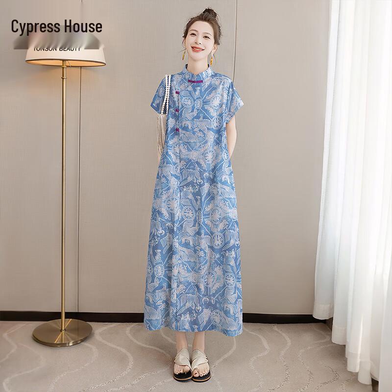 Sibaishe Women s New Chinese Style Printed Drape Short Sleeve Dress S