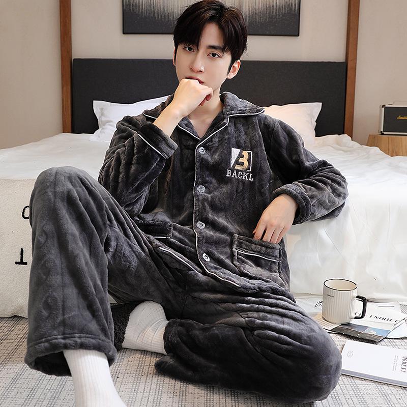 Men's Autumn/Winter Flannel Lapel Pajamas - New Arrival, Plus Velvet, Thickened Coral Fleece Homewear