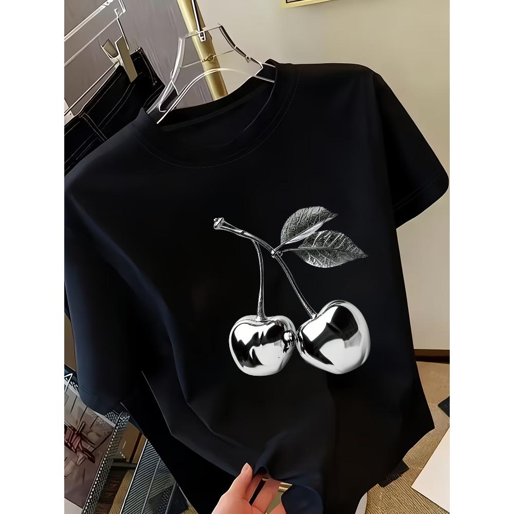Golden Cherry Print Women Short Sleeve T-Shirt Stylish Casual Tee a Sense of Elegance Versatile Top for Women Minimalist Design