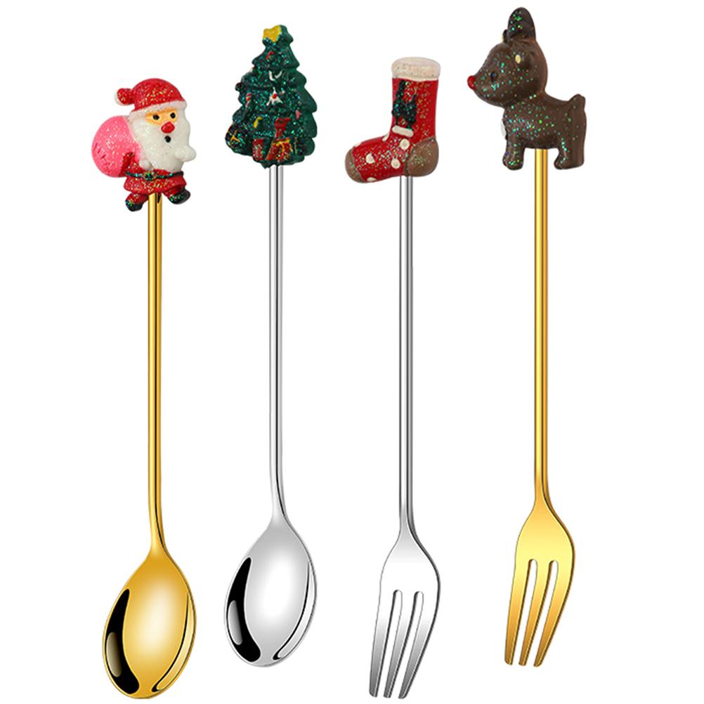 Stainless Steel Coffee Spoon Fork Christmas Cutlery Spoons Metal Dinnerware Party Tableware Gold Decor Food Xmas Themed