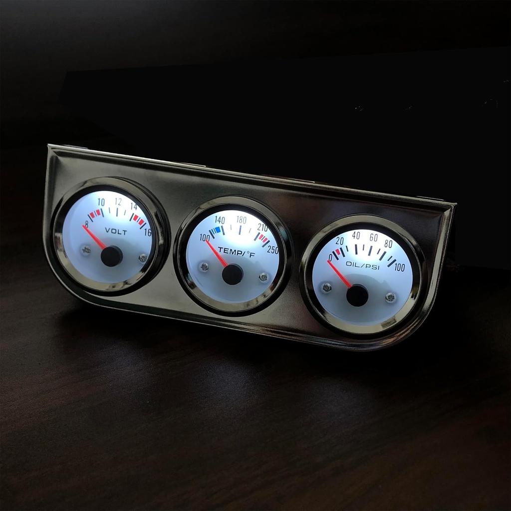 Chrome 3 in1 Triple Auto Gauge Meter Kit 52mm (8-16V Volt Meter +100-250℉ Water Temperature Gauge+ 0-100 psi Oil Pressure Meter) with Console for
