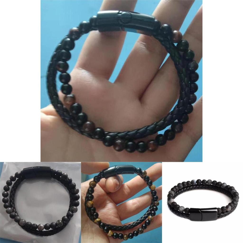 Men 21cm Double Layered Volcanic Stone Beaded Bracelet Alloy Leather Clasp