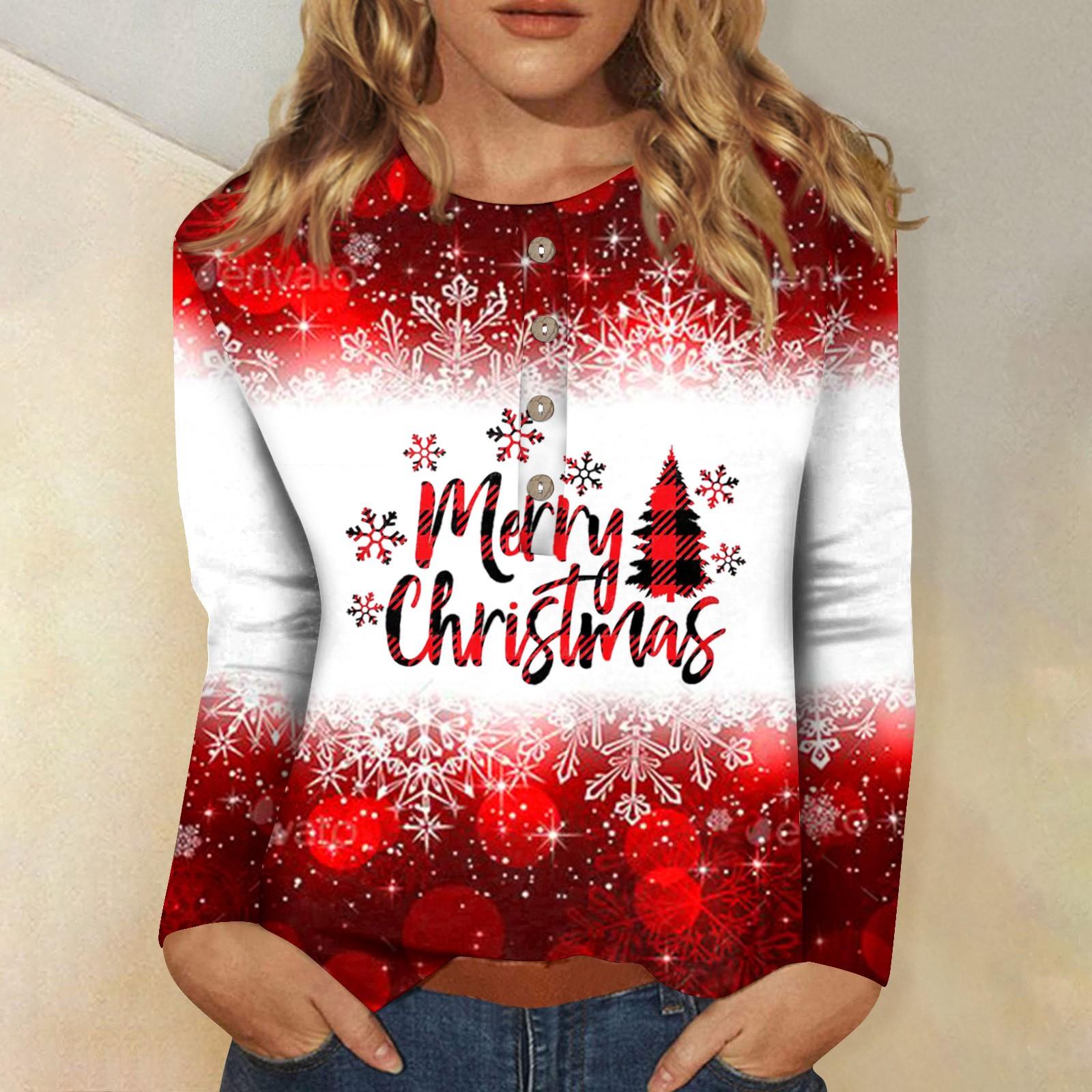 

Женская повседневная блузка с пуловером на пуговицах с длинными рукавами и рождественским принтом L красный