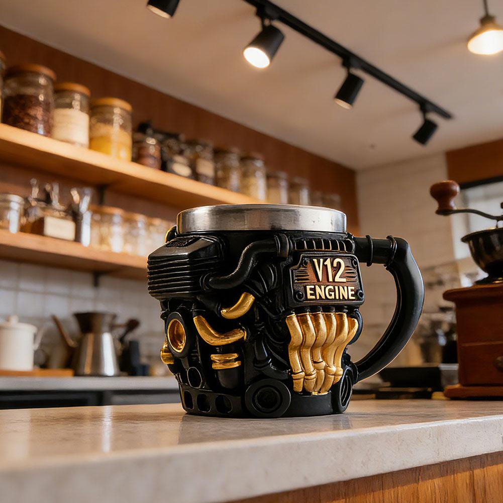 V12 Engine Design Stainless Steel Resin Coffee Cup Unique 3D Tea Mug For Car Enthusiasts For Home & Office
