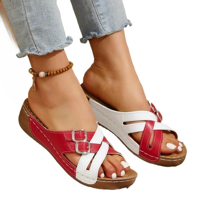 Fashion Ladies Shoes 2025 Hot Sale Peep Toe Women's Slippers Fashion Color Matching Casual Slippers Women New Plus Size Wedge Slippers